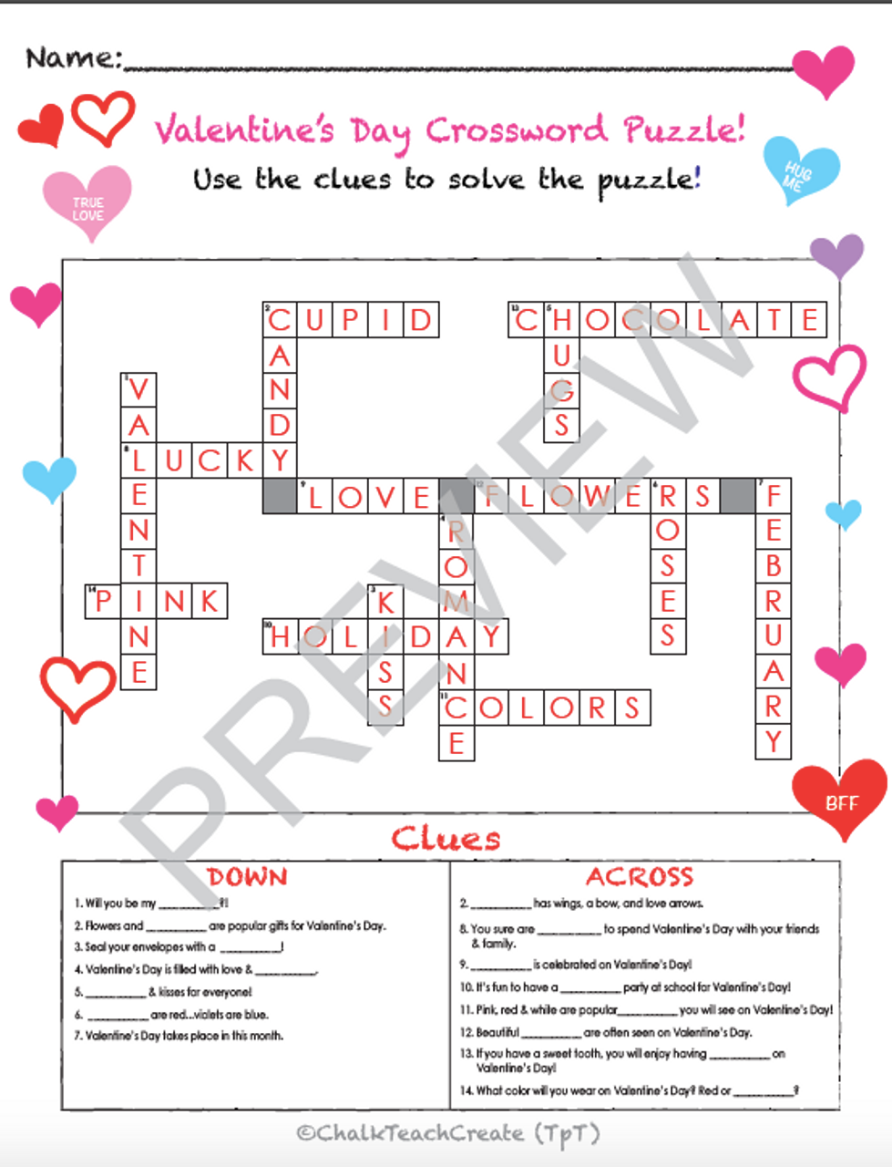 Valentines day crossword puzzle
