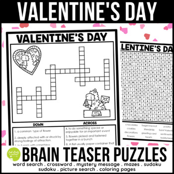 Valentines day brain teaser puzzle activities and coloring pages