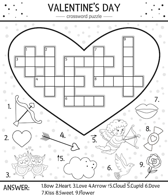 Premium vector vector saint valentine day black and white crossword puzzle for kids simple heart shaped quiz with holiday objects or coloring page educational activity with traditional elements and love theme