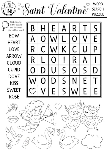 Premium vector vector saint valentine black and white wordsearch puzzle for kids love holiday crossword or coloring page activity with cupid dove heart swans fun february cross word for childrenxa