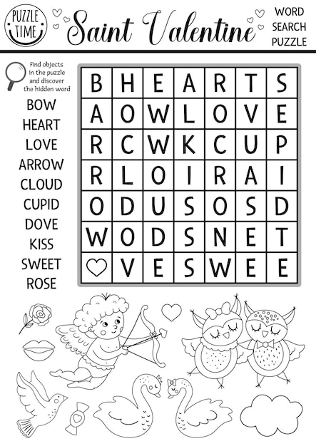 Premium vector vector saint valentine black and white wordsearch puzzle for kids love holiday crossword or coloring page activity with cupid dove heart swans fun february cross word for childrenxa
