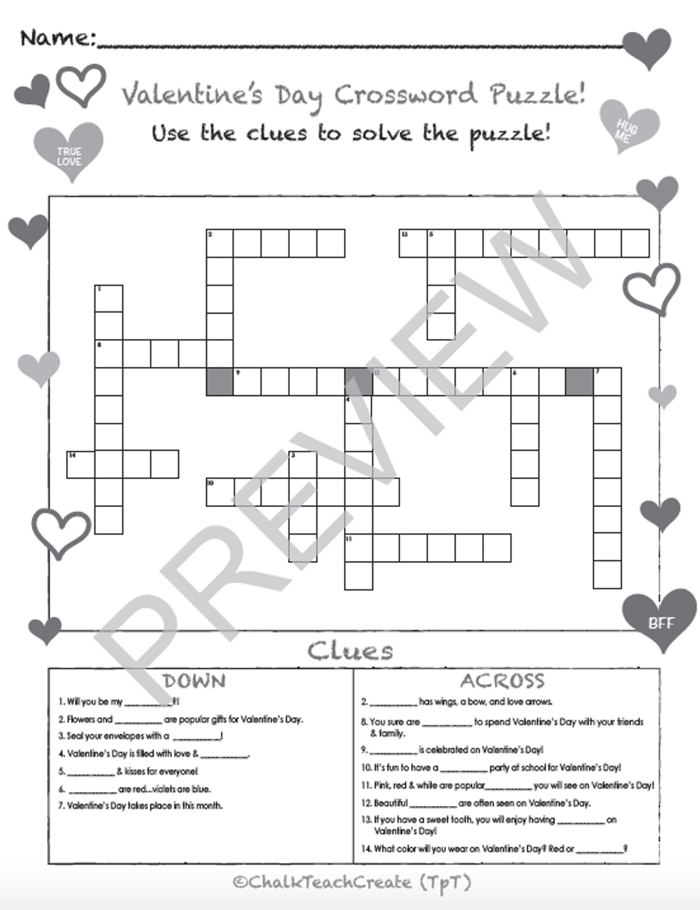 Valentines day crossword puzzle