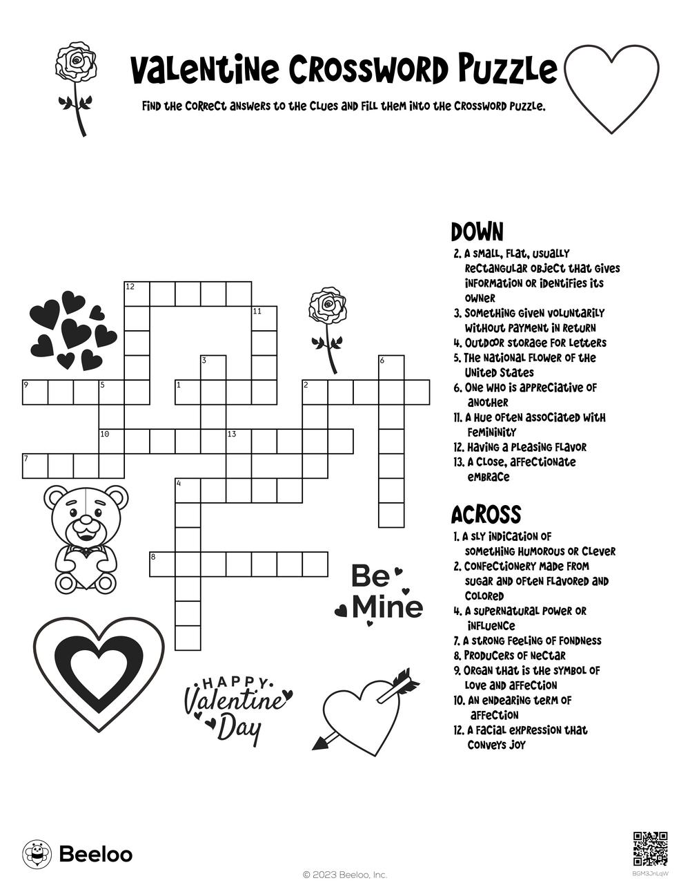Valentine crossword puzzle â printable crafts and activities for kids