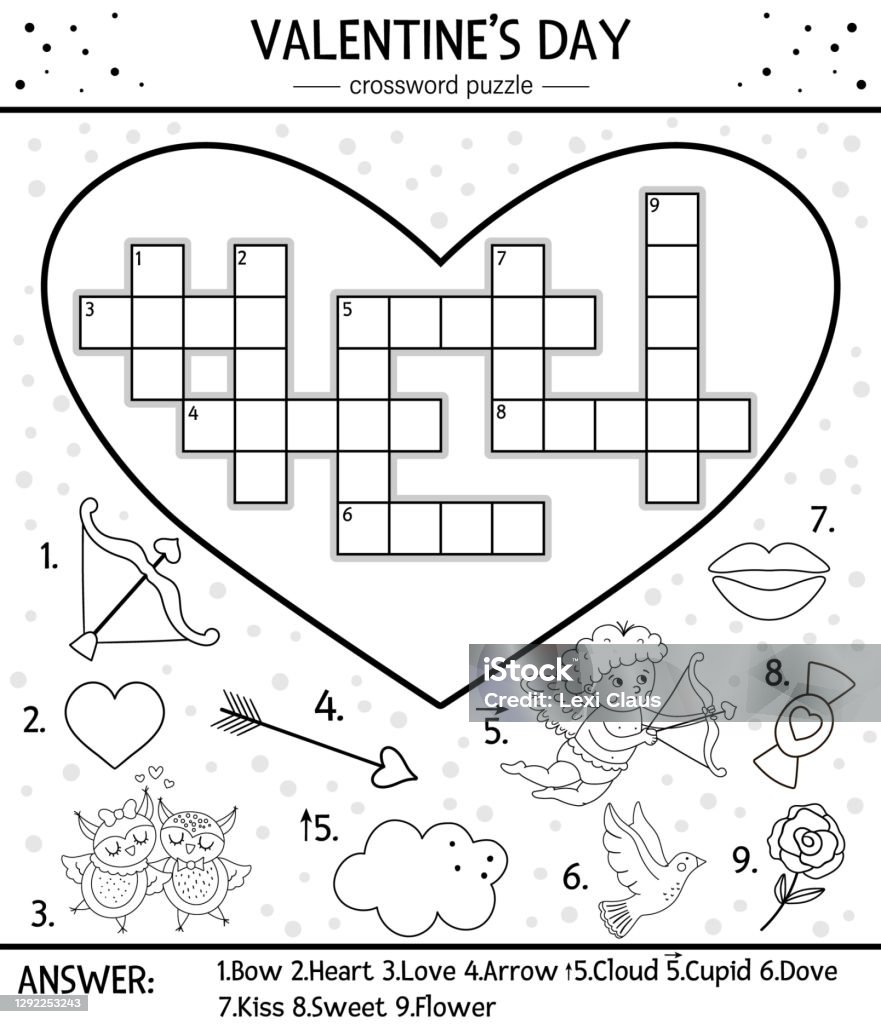Vector saint valentine day black and white crossword puzzle for kids simple heart shaped quiz with holiday objects or coloring page educational activity with traditional elements and love theme stock illustration