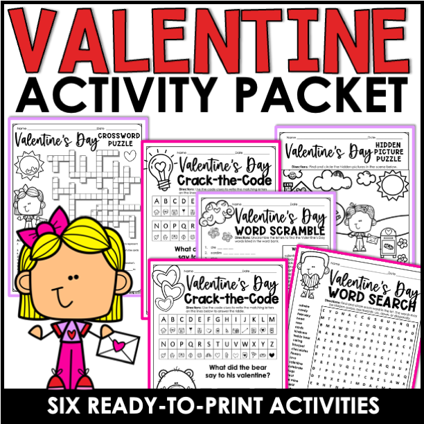 Valentines day activities packet crossword crack the code word search puzzles made by teachers