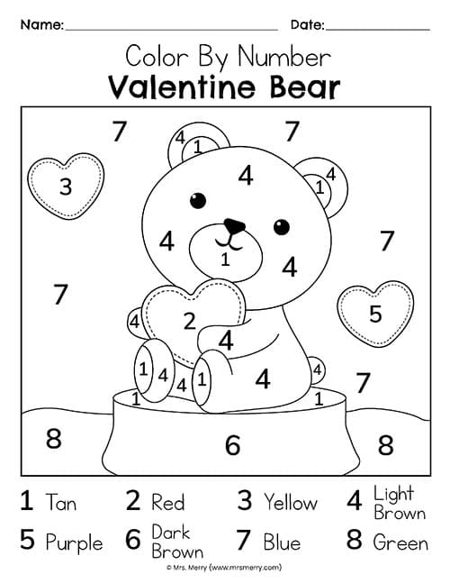 Valentines day color by number free printable mrs merry