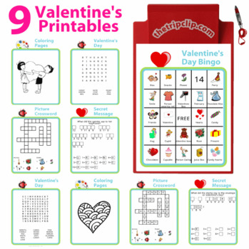 Valentines day activity pages coloring crossword word search and cryptogram