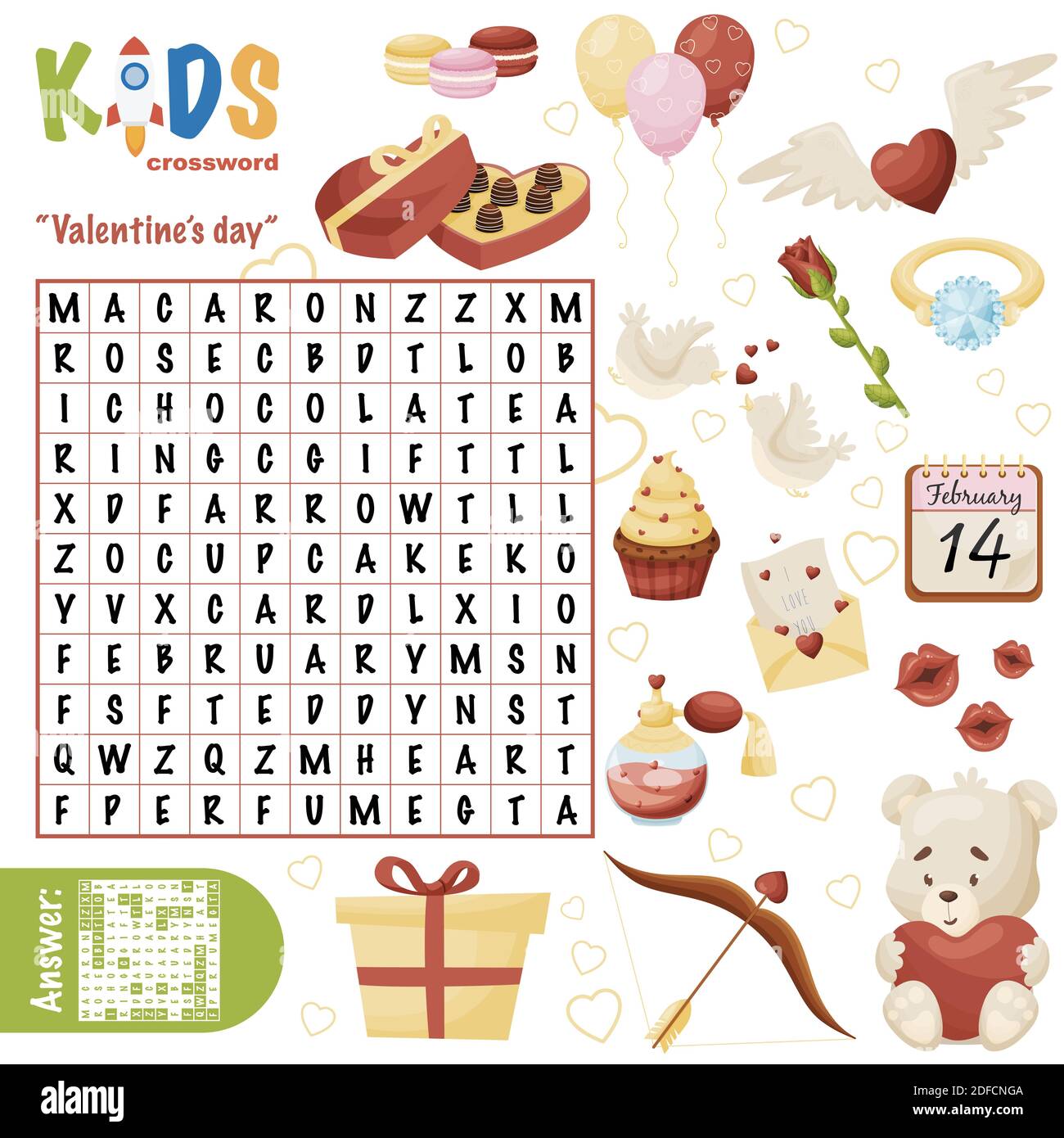 Easy word search crossword puzzle valentines day for children in elementary primary and middle school fun way to practice language prehension stock vector image art