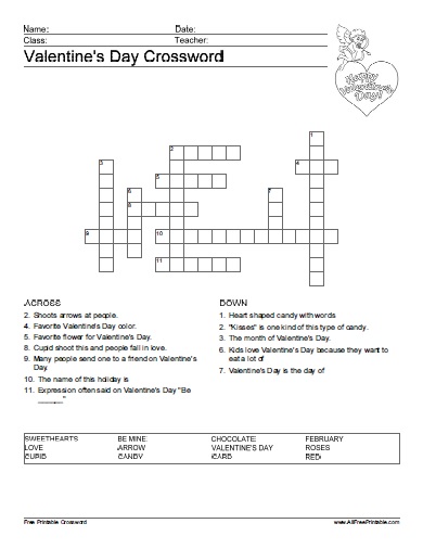 Valentines day crossword puzzle â free printable