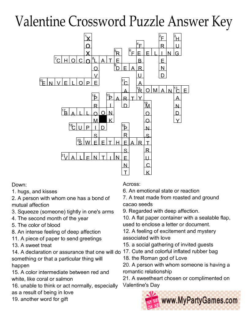 Free printable valentines day crossword puzzle with answer key
