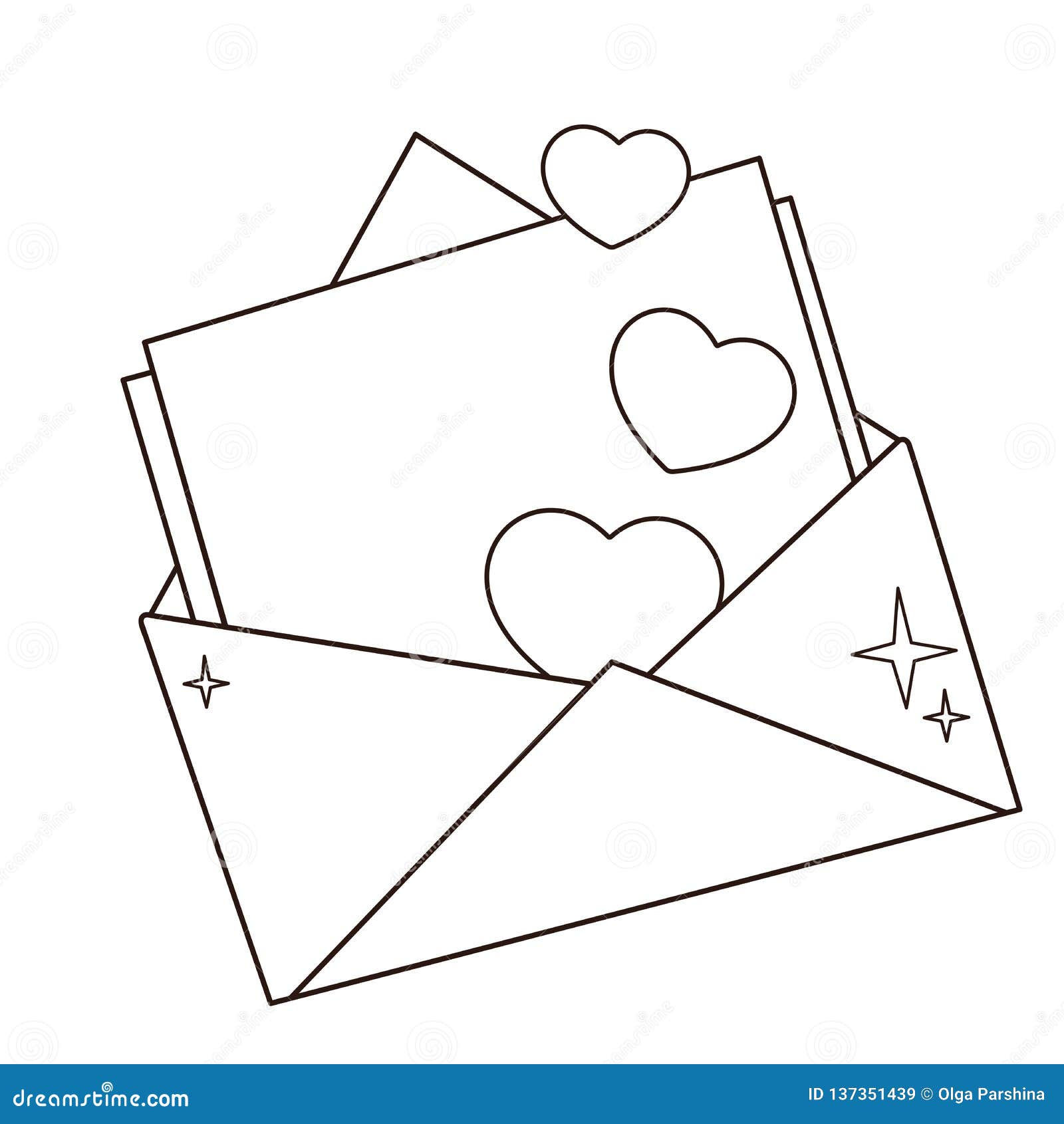 Coloring page outline of greeting letter with hearts valentines day birthday stock vector