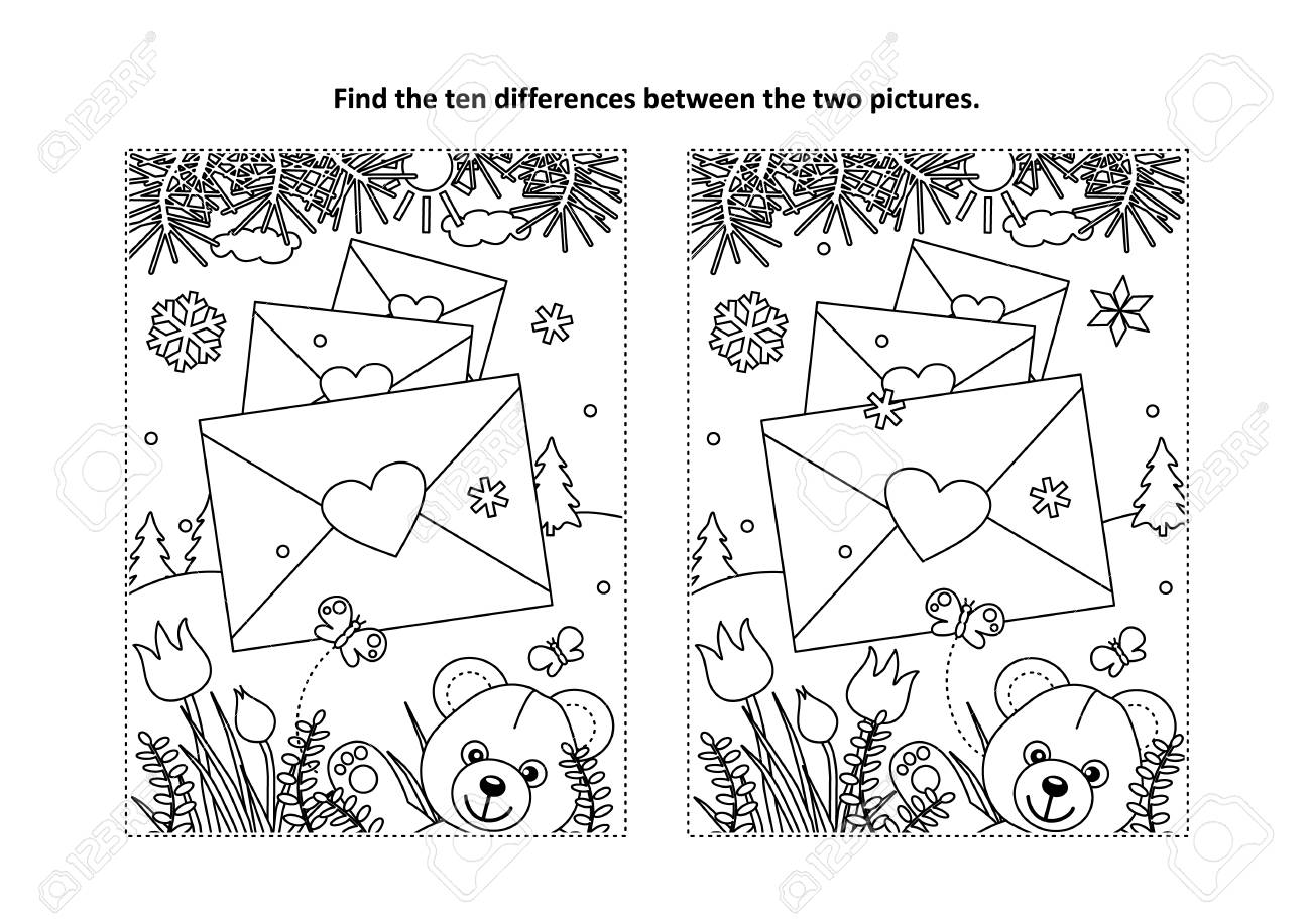 Valentines day find the ten differences picture puzzle and coloring page with teddy bear envelopes with heart seals royalty free svg cliparts vectors and stock illustration image