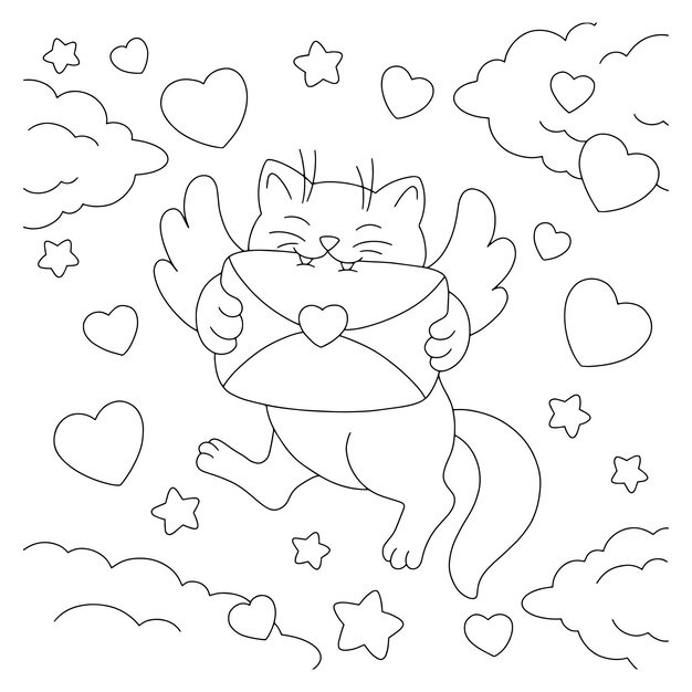 Premium vector cupid cat with an envelope coloring book page for kids valentines day