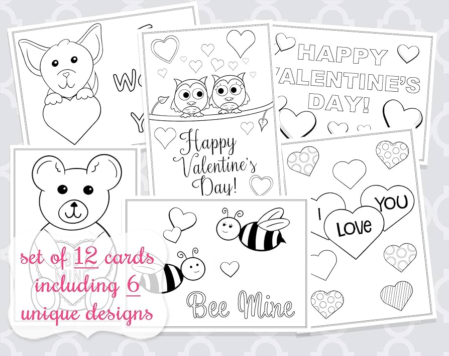 Valentine coloring cards greeting holiday hearts love dog owl bee teddy bear coloring pages printed flat cards envelopes kids diy crafts school grandchildren assortment pack count greeting cards
