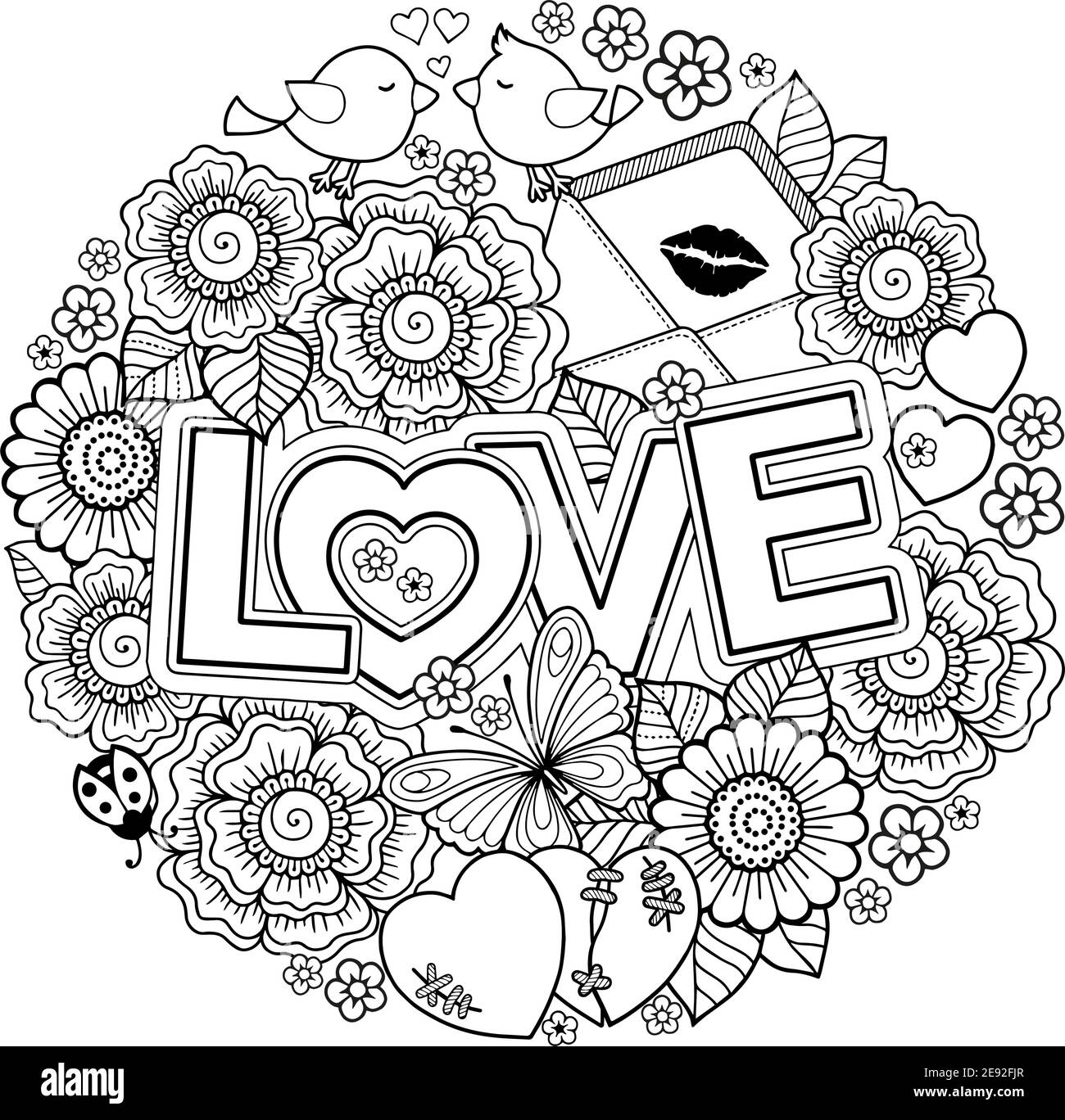 Vector coloring book for adult design for wedding invitations and valentines day of abstract flowers hearts envelope arrow heart bird kiss bu stock vector image art