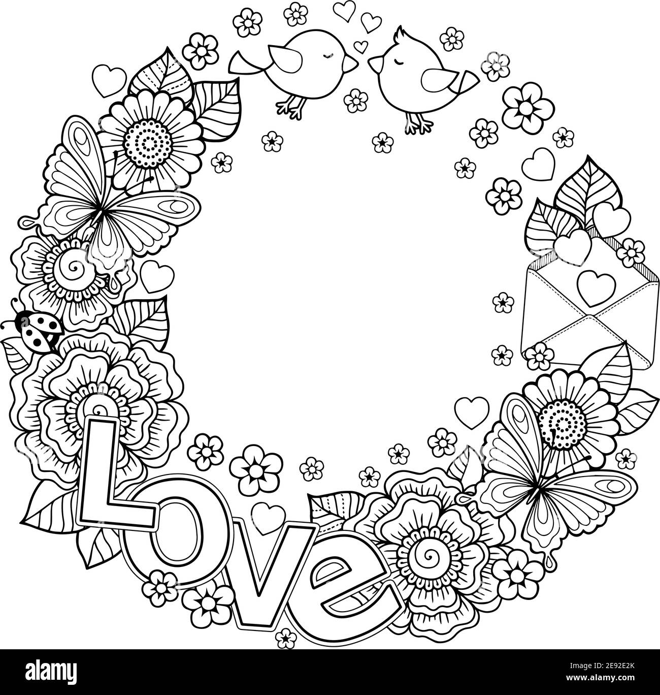 Vector coloring book for adult design for wedding invitations and valentines day of abstract flowers hearts envelope arrow heart bird kiss bu stock vector image art