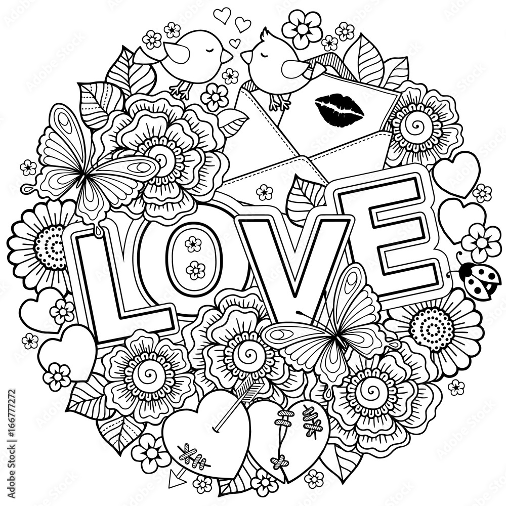 Coloring book for adult design for wedding invitations and valentines day of abstract flowers hearts envelope arrow heart bird kiss butterfly illustration