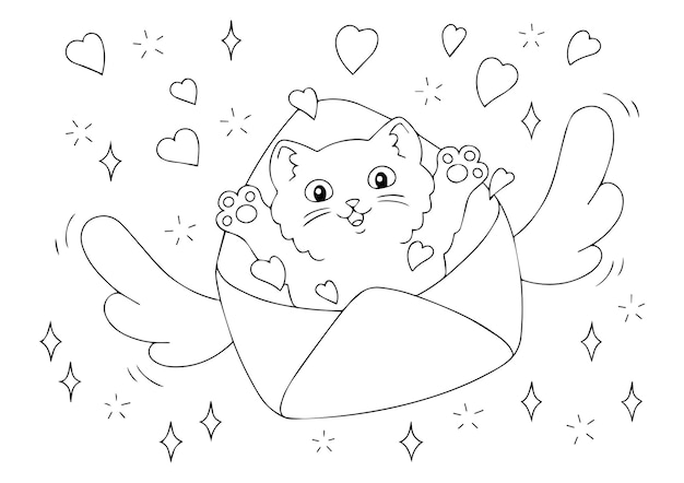 Premium vector a cute kitten flies in an envelope with hearts coloring book page for kids valentines day