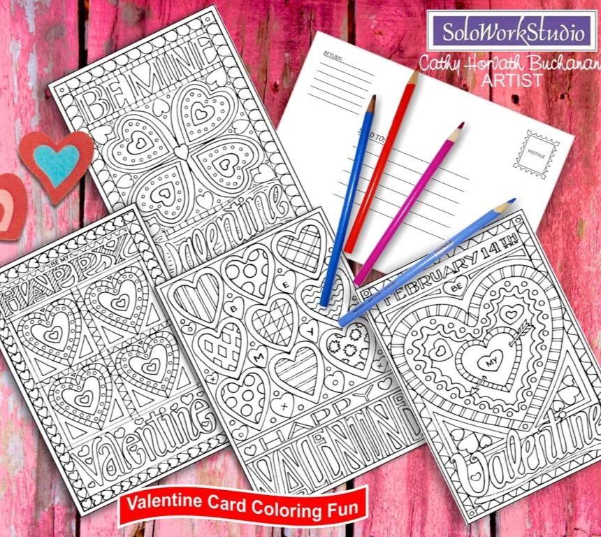Valentine pack coloring card kit envelope instant printable pdf â soloworkstudio