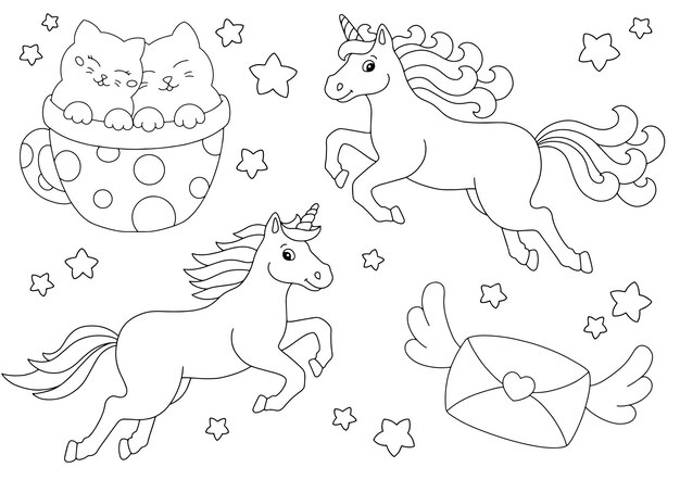 Premium vector unicorns cats envelope coloring book page for kids valentines day