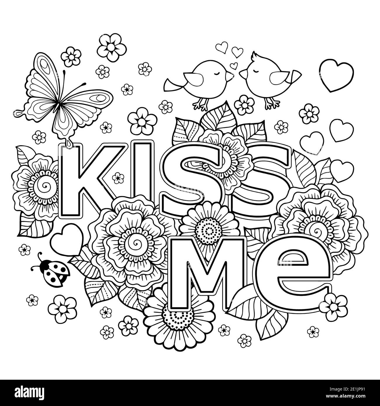 Vector coloring book for adult design for wedding invitations and valentines day of abstract flowers hearts envelope arrow heart bird kiss bu stock photo