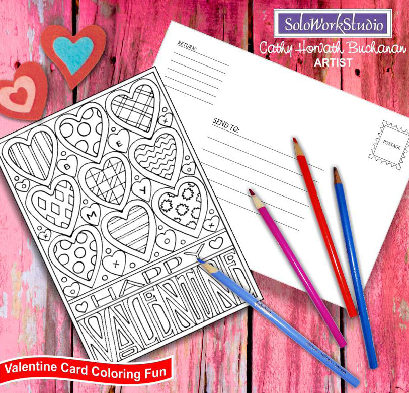 Be my happy xo valentine a coloring card kit love with hearts card and envelope fun and romantic pdf instant download illustration printable digital â soloworkstudio