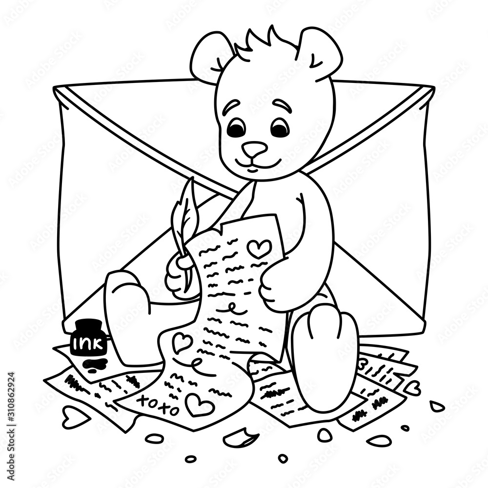 Teddy bear writes a love letter valentines day greeting card with hearts and envelope print for kids coloring book vector outline illustration isolated on white background vector