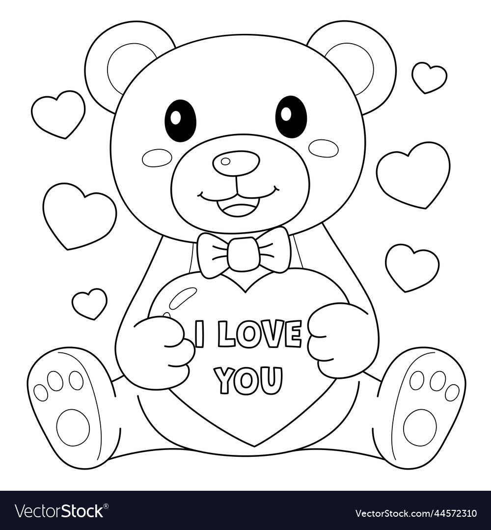 Valentines day teddy bear coloring page for kids vector image