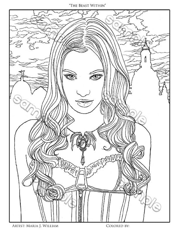 Beautiful vampire gothic fantasy portrait coloring page by maria j william instant pdf download download now
