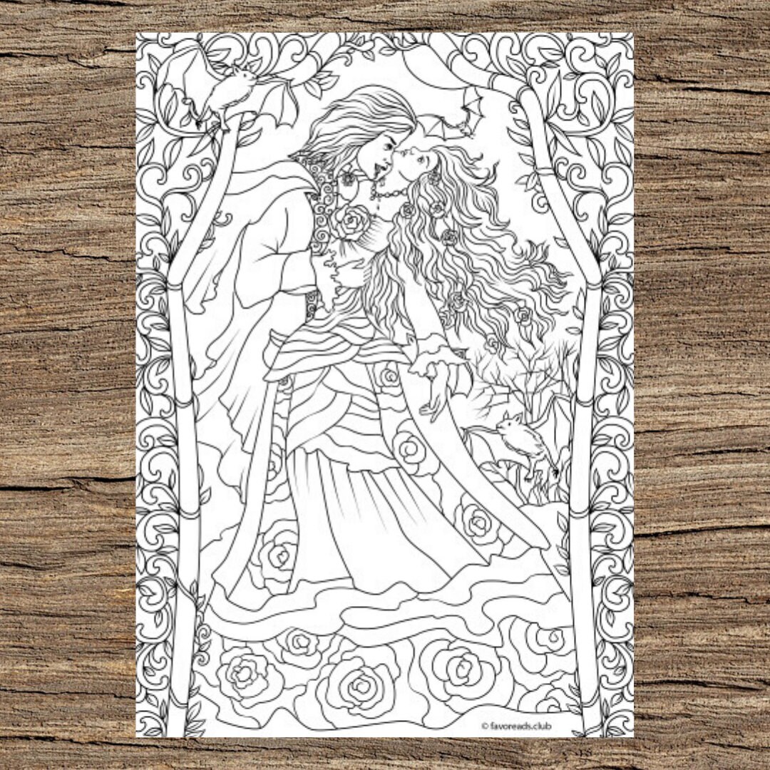 Vampire romance printable adult coloring page from favoreads coloring book pages for adults and kids coloring sheet coloring design