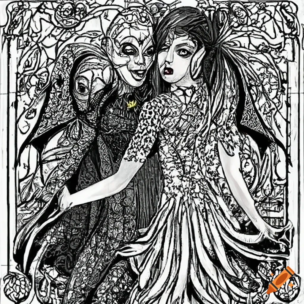 Coloring page for adults dancing couple vampire low detailsno shading