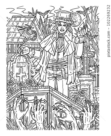 Halloween vampire and coffin adults coloring page