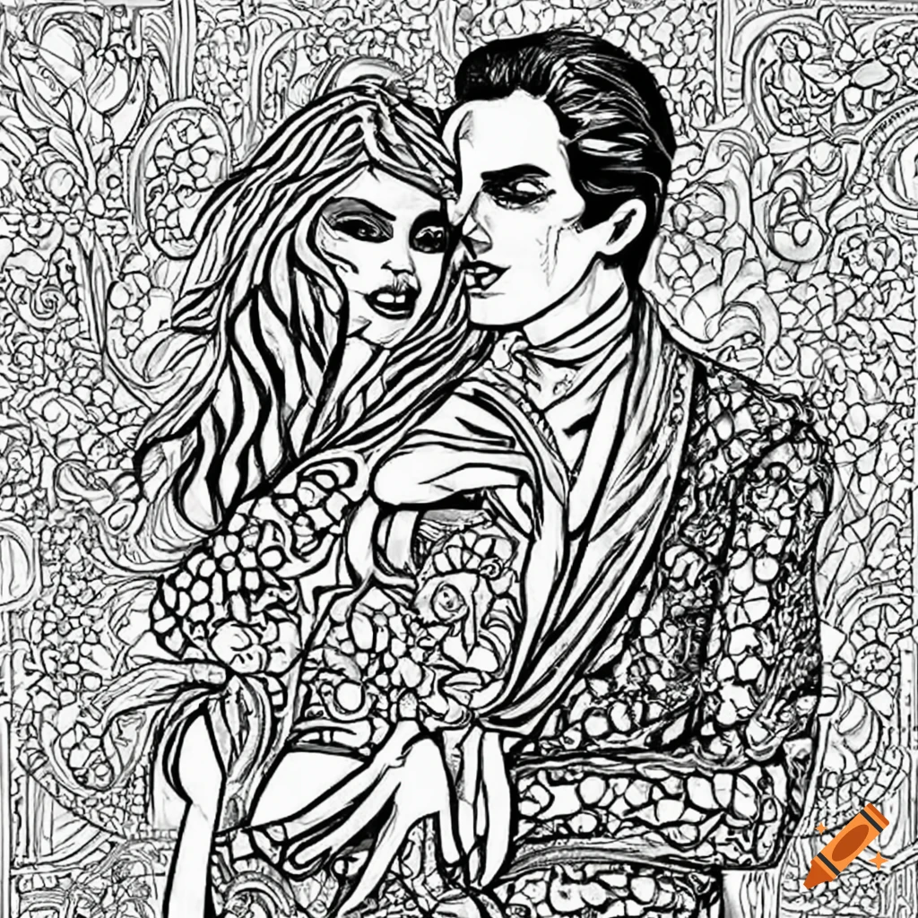 Coloring page for adults dancing couple vampire low detailsno shading