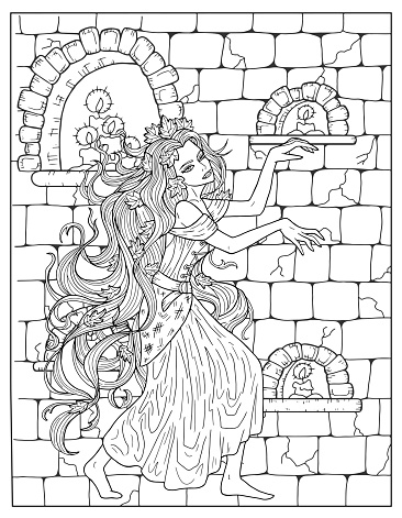 Vintage coloring page with beautiful vampire princess stock illustration