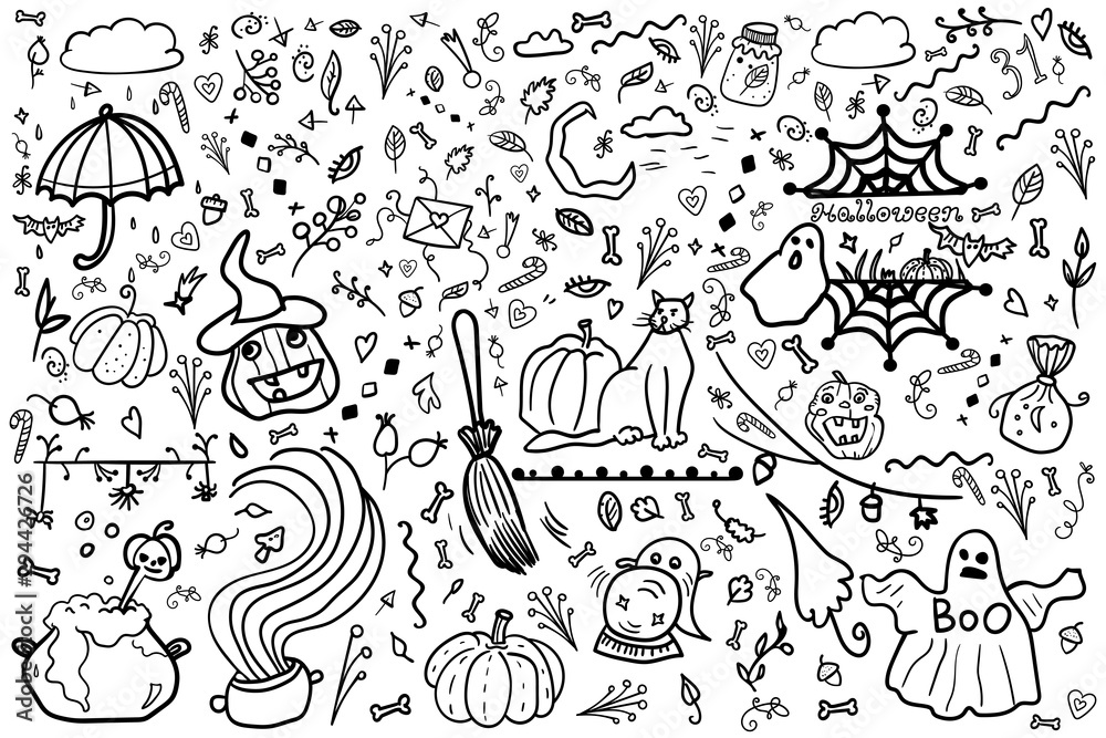Great halloween collection and set banner coloring page adult and kids pumpkin zombie vampire potion spiderweb horror and fear