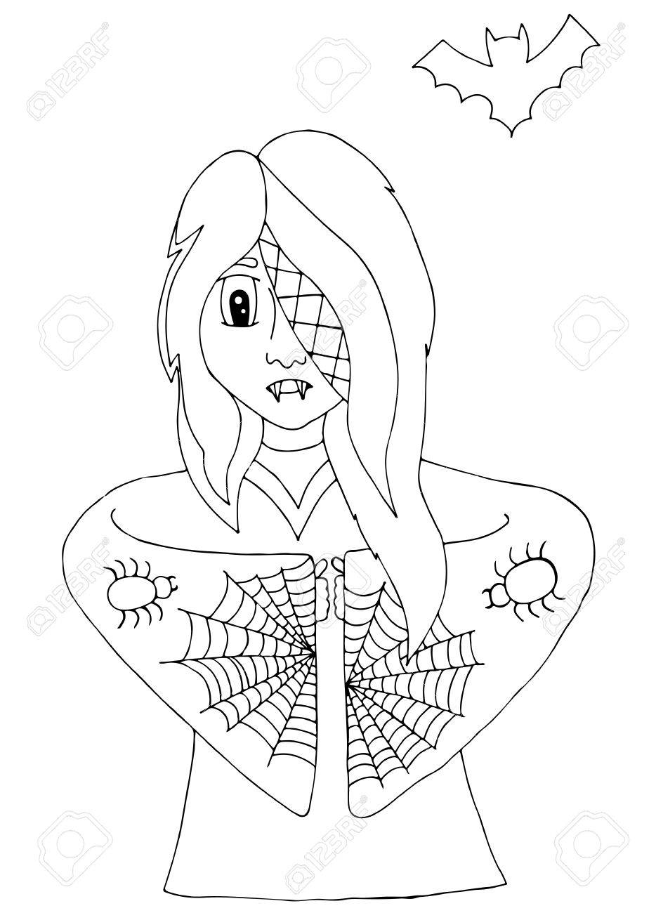 Girl vampire in clothes with a spider web and spiders mono color black line art element for adult coloring book page design royalty free svg cliparts vectors and stock illustration image
