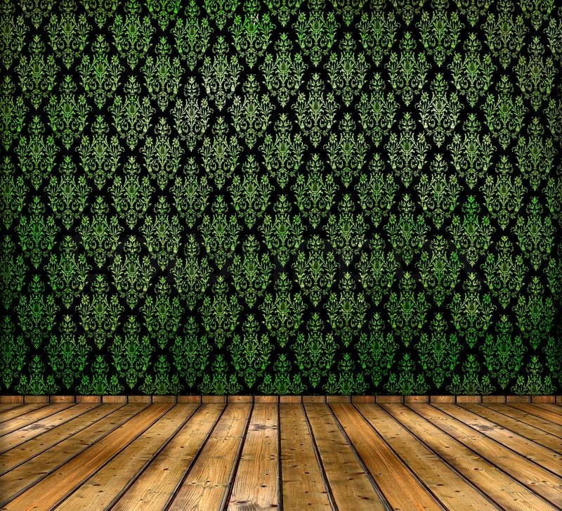 Vintage green wallpapers and wooden floor stock image