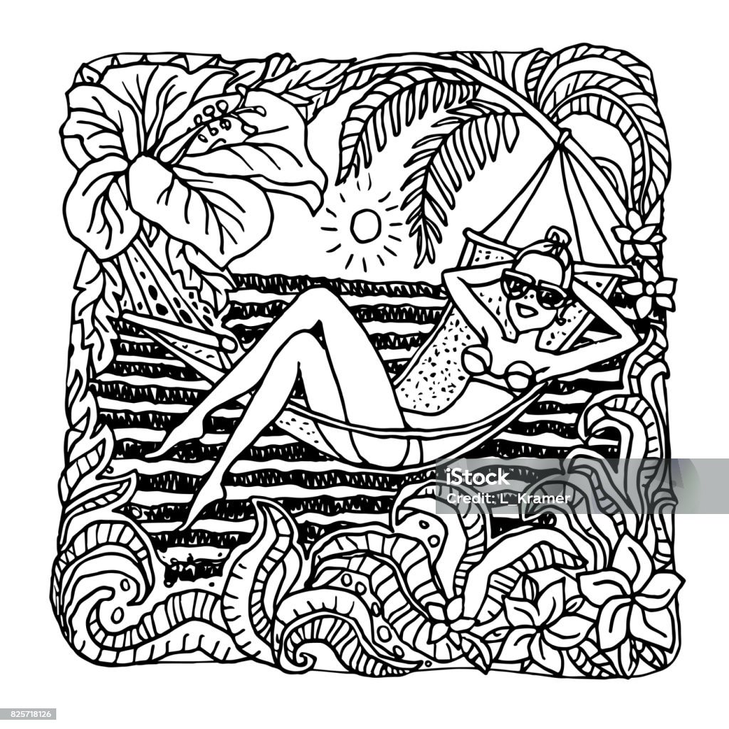 Vector abstract black and white doodle sketch hand drawn fantasy hawaiian landscape with young lady in hammock palm ocean waves fairy leaves with hibiscus flower pop art style vintage card print coloring