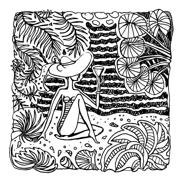 Vector abstract black and white doodle sketch hand drawn fantasy hawaiian landscape with young lady in hammock palm ocean waves fairy leaves with hibiscus flower pop art style vintage card print coloring
