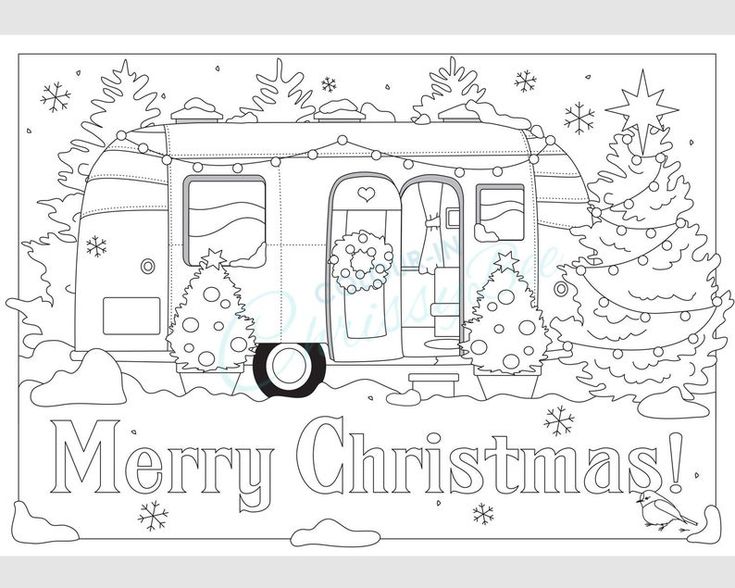 Christmas travel trailer printable coloring page adult colouring activity sheet for airstream lovers camping merry christmas download now