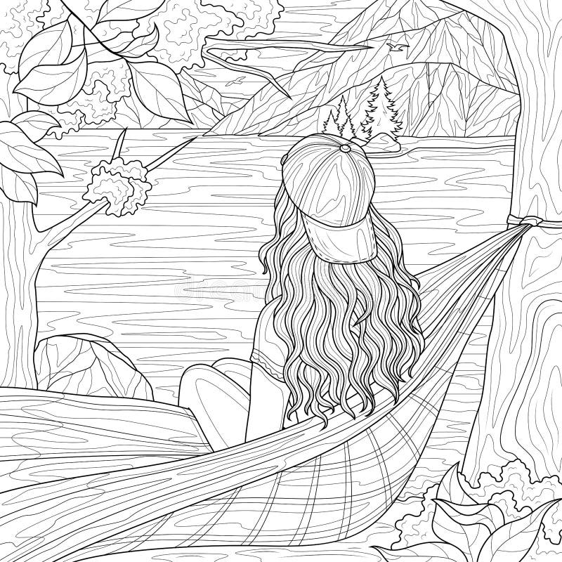 Coloring book antistress for children and adults the girl sits in a hammock and looks at the lake and mountains stock vector