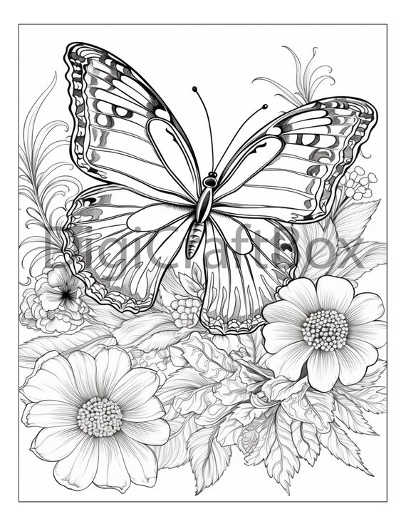 Butterfly on purple daisy coloring pages for kids