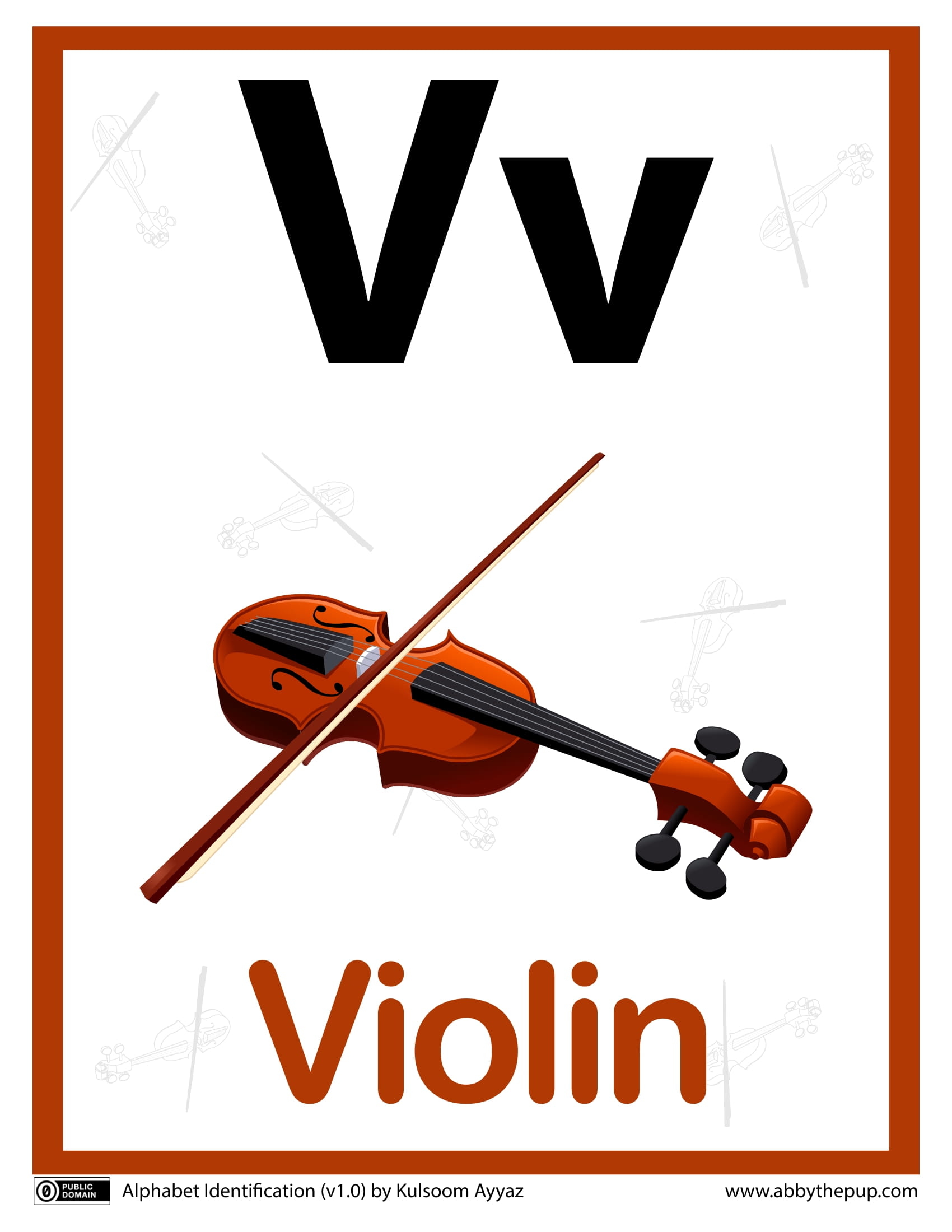 V is for violin alphabet flashcard free printable papercraft templates