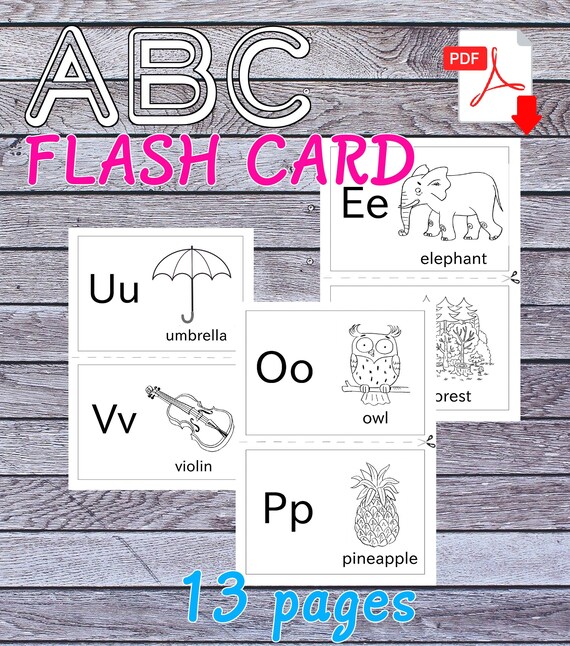 Printable abc flash card for kids preschooler toddler activity coloring book instant download pdf