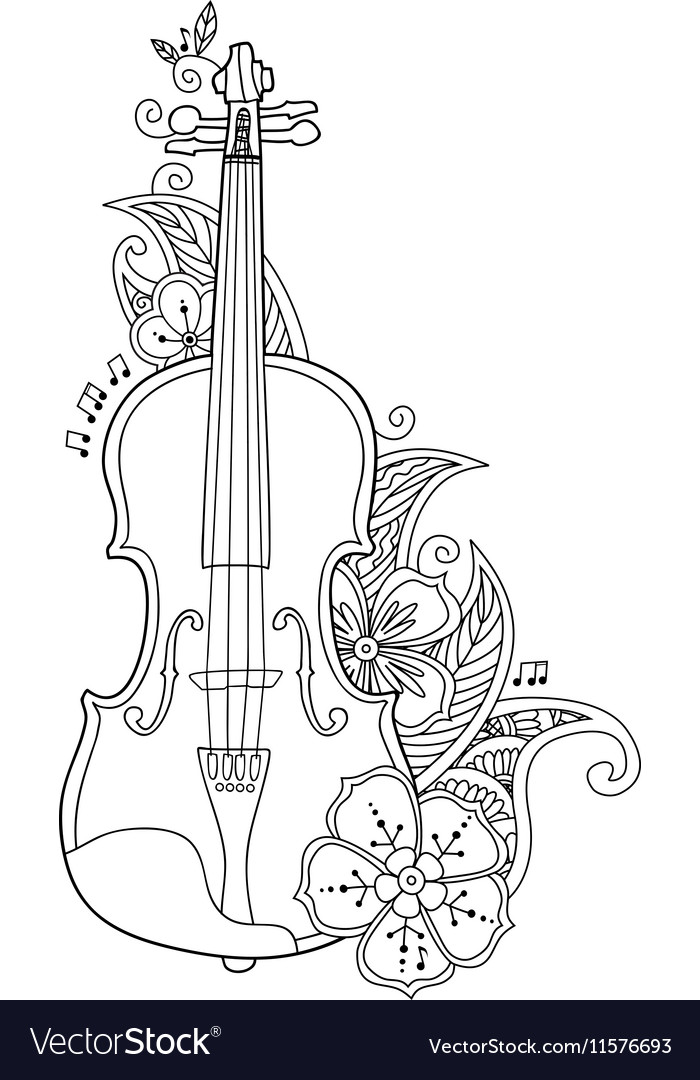 Coloring page violin with flowers and leafs vector image