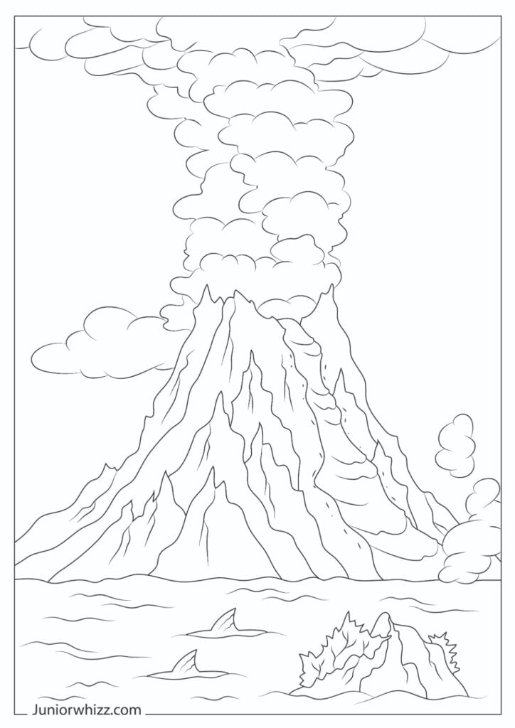 Volcano coloring pages with book printable pdfs