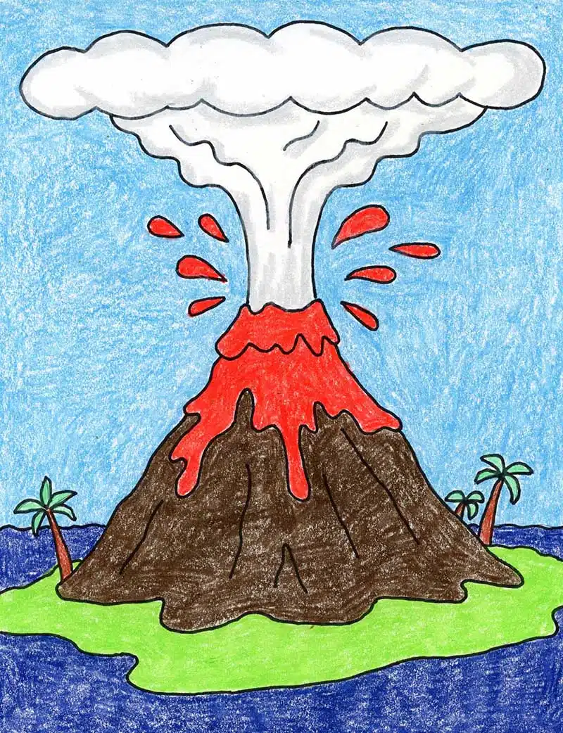 Easy how to draw a volcano tutorial video volcano coloring page