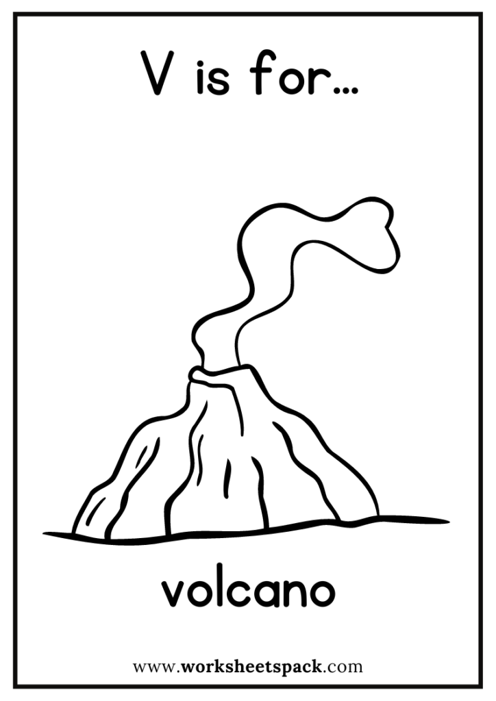 V is for volcano coloring page free volcano flashcard for kindergarten