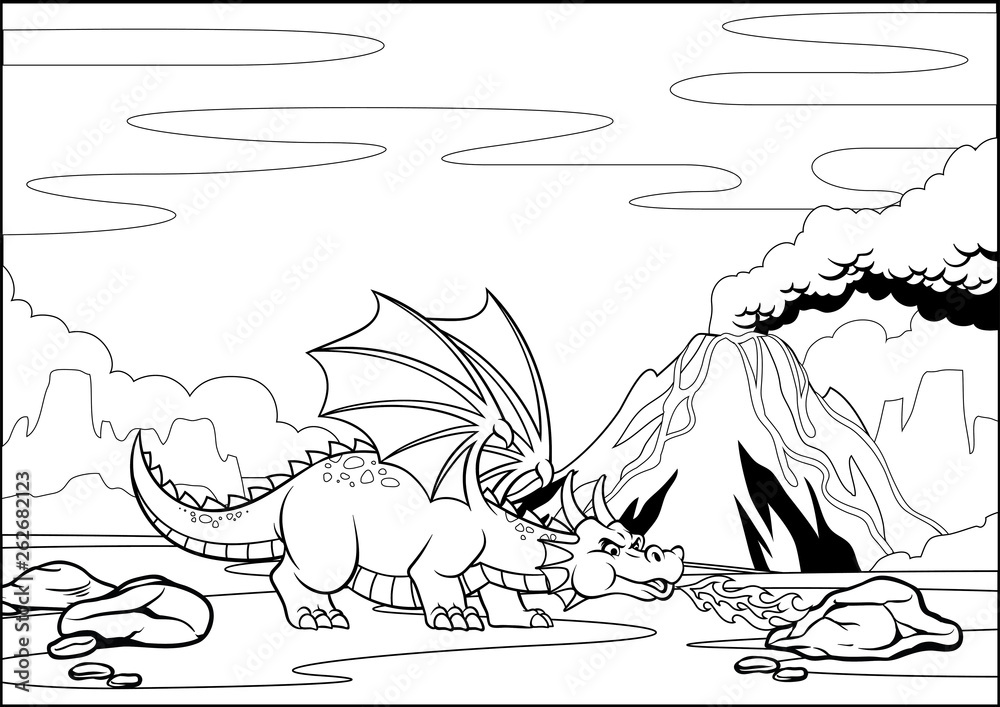 Black and white coloring page dragon in the volcano mountain vector