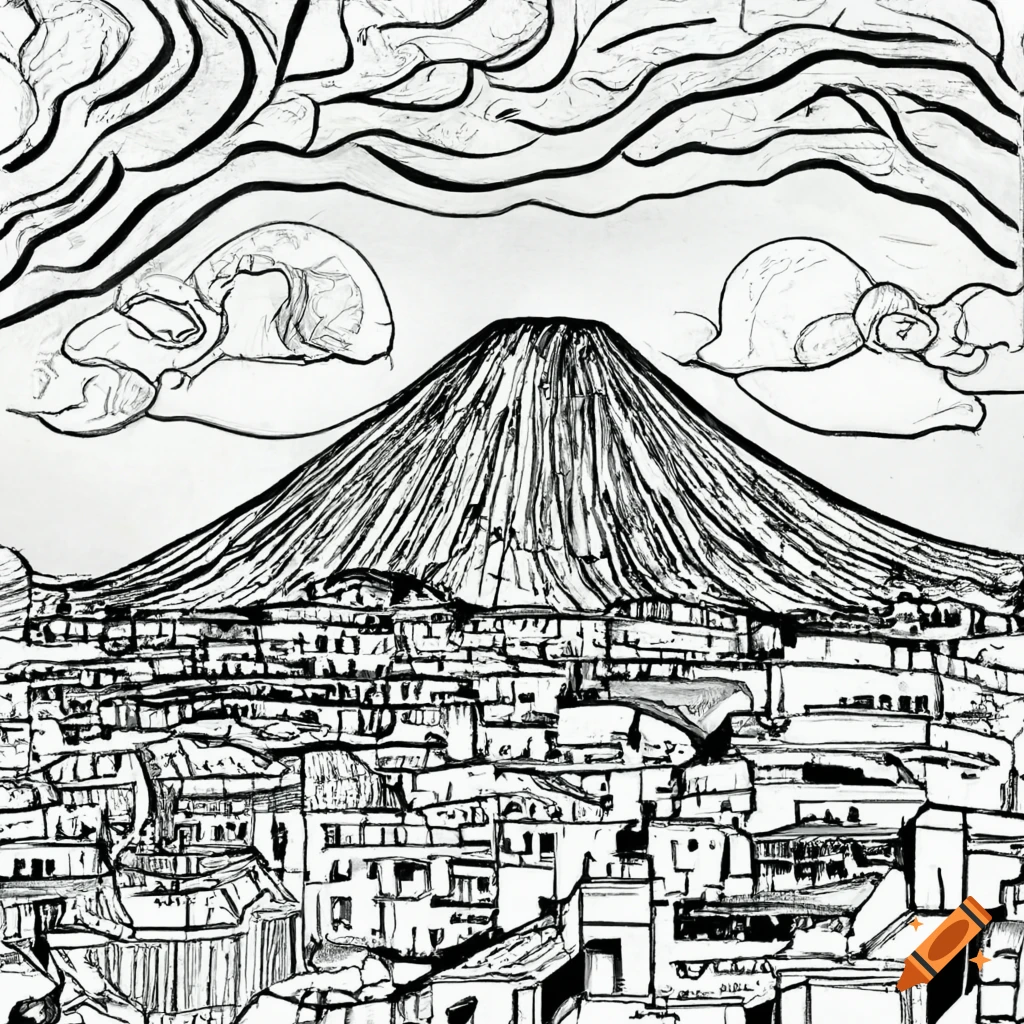 Design a fun and easy coloring page featuring the famous mount vesuvius in naples italy keep the lines and shapes simple and bold to make it accessible for young artists it must